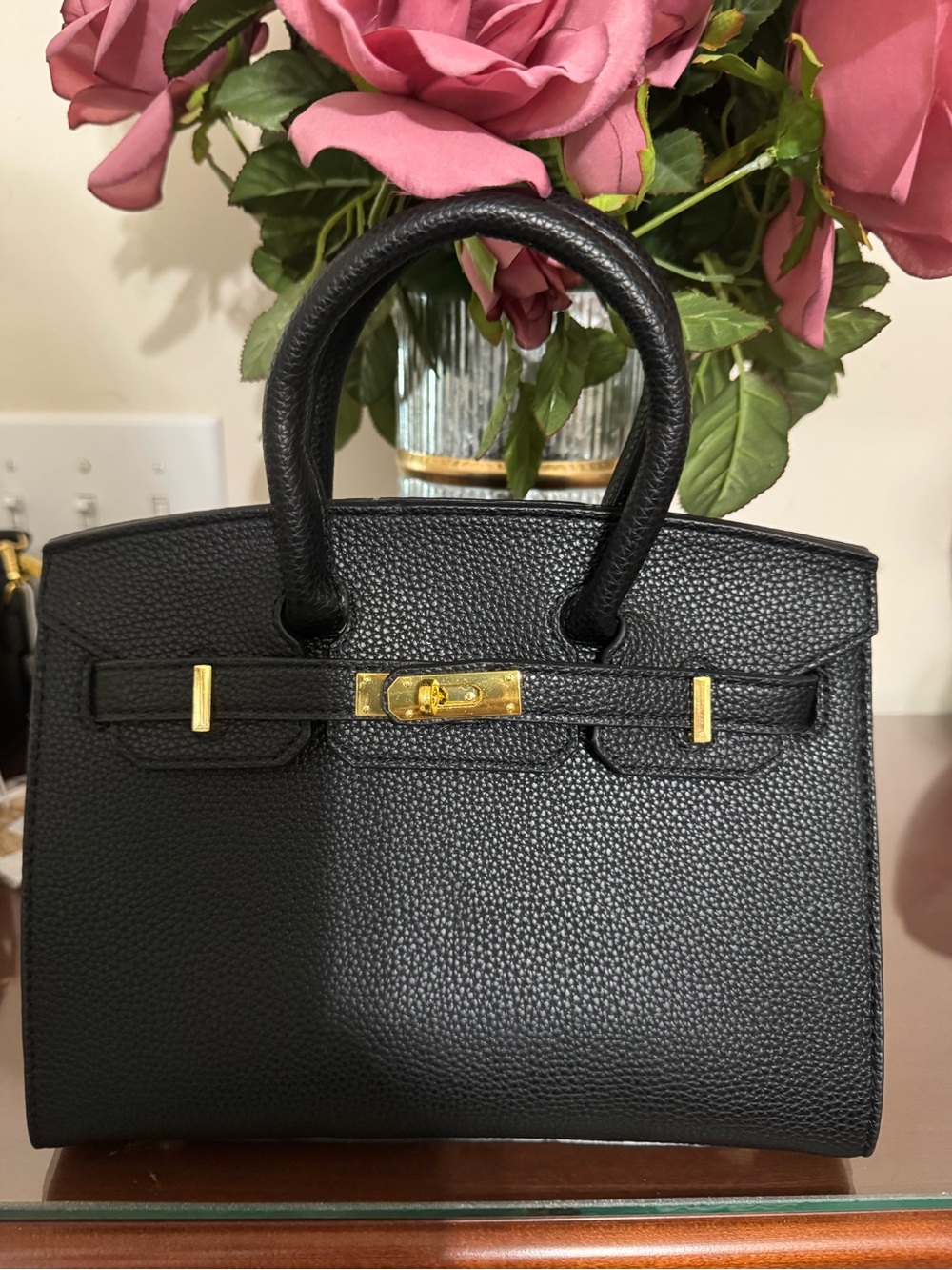 Classic Black Structured Satchel Handbag with Gold Hardware